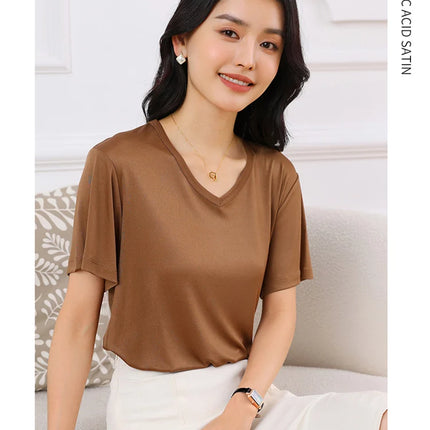 2026 Summer New Women's T-shirt V-neck Knitted Women's Short Sleeve High end Acetate Fiber White Fashion Women's Top
