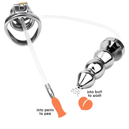 FRRK Curve Cylinder Male Chastity Cage With Metal Anal Plug Silicone Urethral Catheter 2 In 1  Adult Games Sex Toys For Men Gay