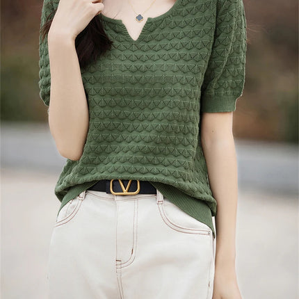 Women's T-shirt Summer New 100% Pure Cotton Tees Casual Solid Knitted Short sleeved V-neck Pullover Loose Tops Fashion Sweater