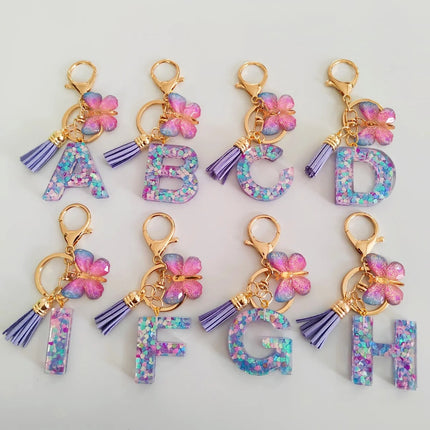 Fashion Butterfly Fringe Initial Keychain Drop Glue Blend Sequin A-Z26 Letter Keychain Cute Ladies Student Bag Accessory Gift