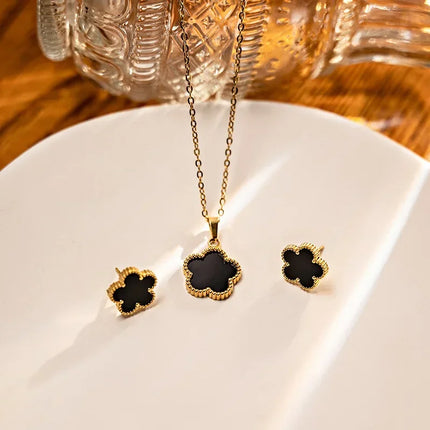 New Lucky Five-petal Flower Five-leaf Clover Earrings Necklace Two-piece set for Woman Fashionable Accessories Party Jewelry