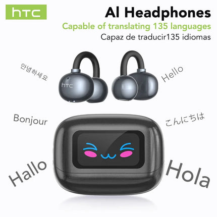 【HTC NE54】 Bluetooth V6.0 Earphones AI Translator LCD Screen Earbuds OWS Ear Clip Headphones Wireless Headphones Noise Reduction