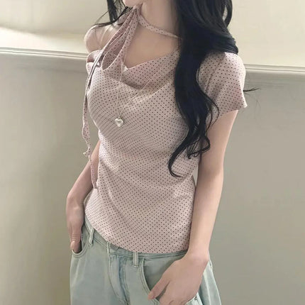 Sweet Polka Dot Prints T-Shirts Fashion Women Cute Design One-Shoulder Summer Tops Casual Korean Office Lady Commute Slim Tees