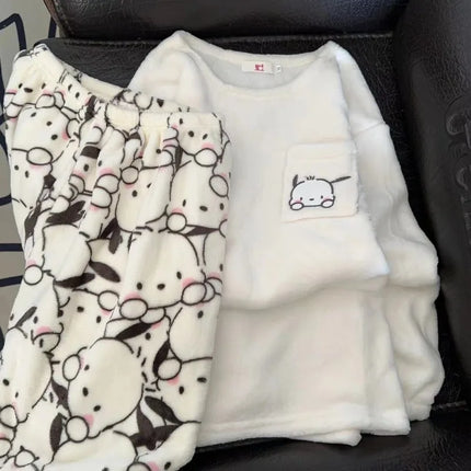 New Sanrio kawaii anime hello kitty cute cartoon girls winter flannel plus velvet thickened pajamas home clothes set gift