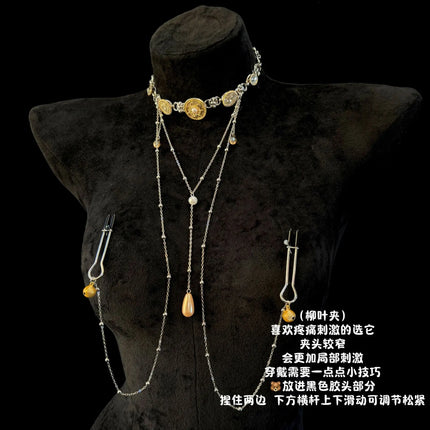 Body Chain Nipple Clamp Collar with Integrated Nipple Rings with Bells for Nipple Massage SM Stimulation Female Body Decoration