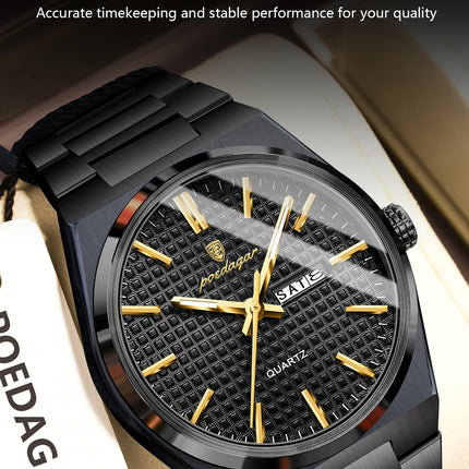 POEDAGAR Luxury Fashion Men's Wristwatch Waterproof Luminous Date Week Man Clock Stainless Steel Quartz Business Watches For Men