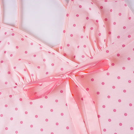 SUCHCUTE Chic Sweet Cute Polka Dot Print Bow Lace-up Camisole Women V Neck Sleeveless Crop Top Y2k Streetwear Slim Tanks Summer