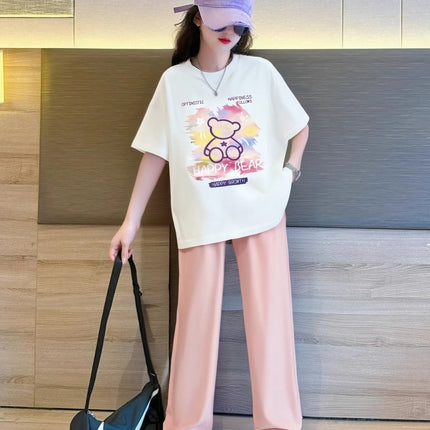 2026 summer girls Clothes Children set Sports Suit Teen tracksuit bear loose t shirt tops + wide long pants 10 11 12 14 years