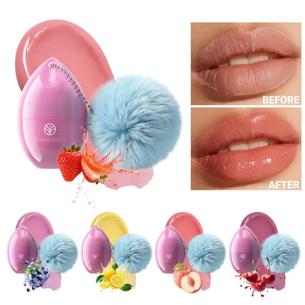 Fruit Flavored Lip Mask Egg Cherry Strawberry Blueberry Peach, Hydrating Reduces Lip Lines Lip Care, Portable Puff Ball Keychain