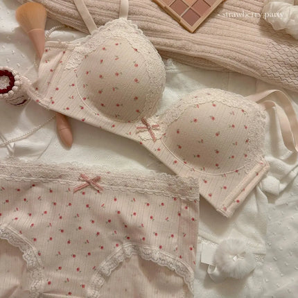 Teenage Sexy Lace Floral Bra Set Comfortable Non-steel Ring Beauty Back Small Breasts Gathered up Support Anti-Sagging Bra Set