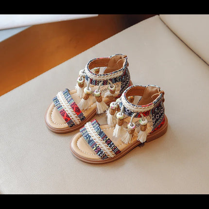 Girls Sandals Ethnic Retro Children Fashion Casual Shoes Tassels 2024 Back Zipper Summer New Sandals Kids Pattern GLADIATOR Cute