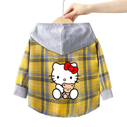 Spring and Autumn Children's Sanrio Cinnamoroll Shirts 1-12 Year Girls Checkered Hooded Blouse Fashion Cartoon Shirt Sweater