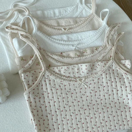 Sweet Floral Print Eyelet Bow Cropped Vests Women Cotton Casual Slim Lace Trim Tank Tops Vintage Preppy Style Cute Camisole Y2K