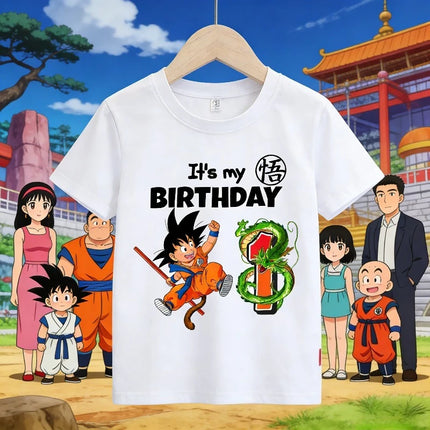 Dragon Ball Goku T-shirt Cotton for Children Birthday Figure Tee Top Boy Girl Clothes Anime Short Sleeve Kids White Loose Gift