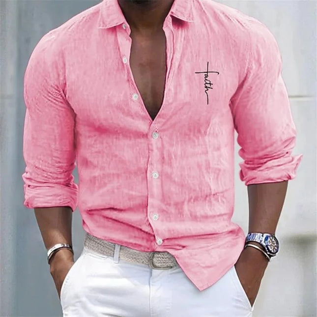 Men's Casual Linen-Like Shirt, 'Faith' Print, Roll-Up Long Sleeve, Button Down, Loose Fit, Beach & Daily Tops