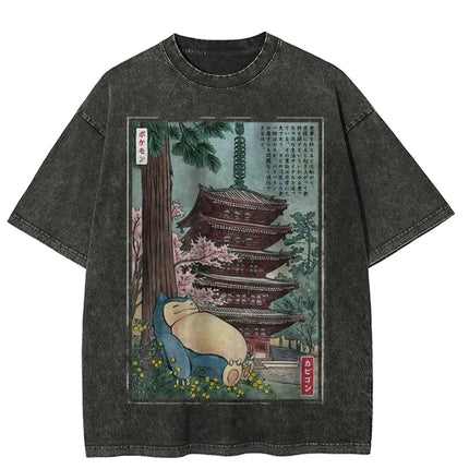 Pokemon The Starters Abbey Road Parody T Shirt Men 2026 Summer Vintage Acid Wash Oversized Tee Anime Streetwear