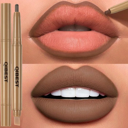 Double Head Black Lip Liner&Brush Pen Mist Matte Velvet Contour Tint Lipstick Pencil Long Lasting Nude Brown Natural Lip Makeup