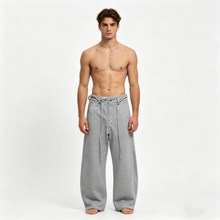 Men's Grey Wide Leg Sweat Pants Casual Drawstring Waist Baggy Curved Sweatpants Streetwear Vintage Barrel Pants Oversized