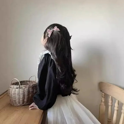 Classic Girls Elegant Ruffle Collar Blouse Long Sleeve Shirt Japanese Style Color Block Top Cotton Linen Shirts for Children