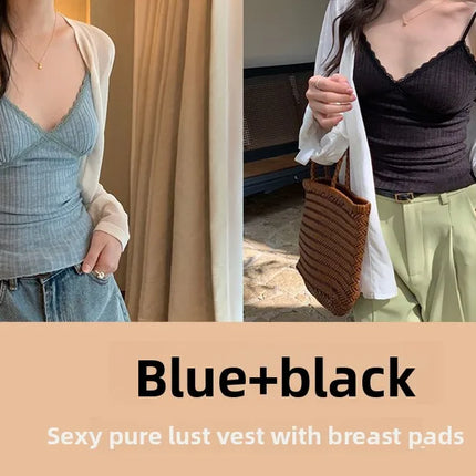 Pure Desire Lace Trim Camisole Tank Top with Chest Pad Summer Slimming Inner Wear Outerwear Beautiful Ba Boting Underwear
