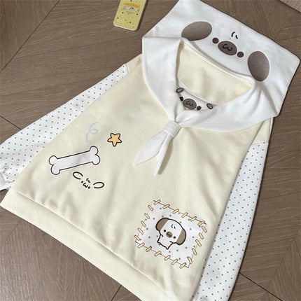 Japanese Kawaii Cartoon Dog Print Hoodies Women Sweet Sailor Collar Loose Sweatshirt Y2k Aesthetic Polka Dot Lolita Hoody Tops