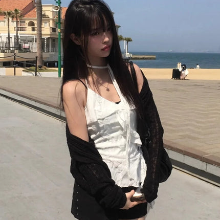 Unique SEI Korean Style Summer Irregular Lace Trim Splice Slimming Strap Top Rivet Denim Shorts Women's Commute Straight Leg Fit