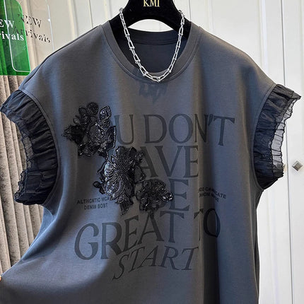 Heavy industry nail bead letter splicing mesh print fly sleeve T-shirt 2025 summer women's loose round neck fashion top