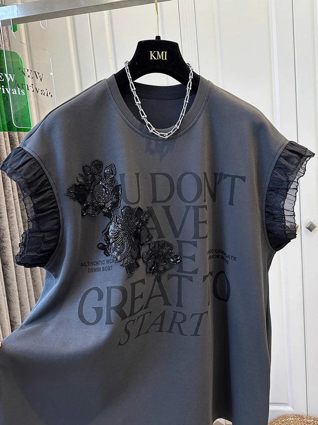 Heavy industry nail bead letter splicing mesh print fly sleeve T-shirt 2025 summer women's loose round neck fashion top