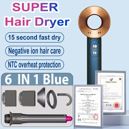 6 IN 1 Super Hair Dryer Negative Ion Hair Care Blow dryer Salon Barber Leafless Tourist Hairdryer with Diffuser & curler