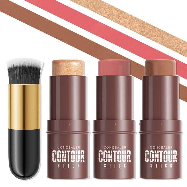 4-Piece Contour Stick Set with Highlighter, Blush & Bronzer Plus Golden Powder Brush - Waterproof Cream for All Tones, Shimmery.