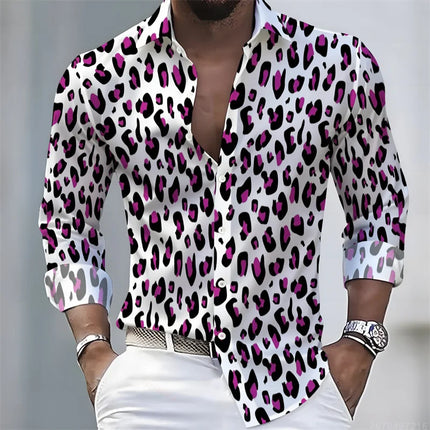 New Men's Leopard Print Long-Sleeved Shirt, Trendy Retro Slim-Fit Turn-Down Collar Casual and Stylish Men's Shirt, Sizes S-6XL.