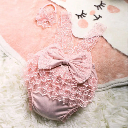 Ylsteed Newborn Photography Outfits Big Bowknot Baby Lace Romper with Hairband Blue Suspender Trousers Photo Shooting Overalls