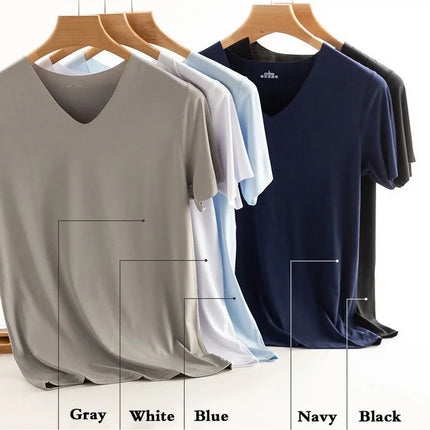 Summer Seamless Breathable Ice Silk T-Shirt Fashion Vest Men's Sports Short Sleeve T-shirt Ice Silk Solid Color V-neck Tees