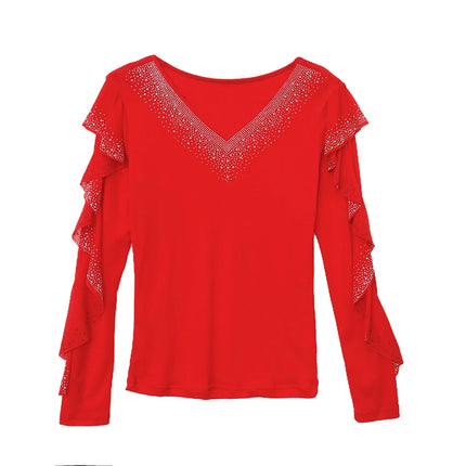 2025 Autumn New Style Mesh Tops Korean Fashion Round Neck Ruffles Shirt Lotus Leaf Edge Hot Diamond Long Sleeve Women T Shirt