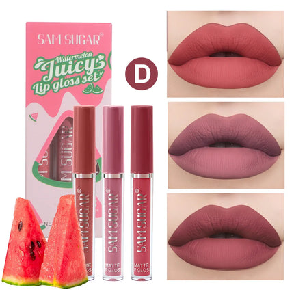 Fruit Cherry Strawberry Liquid Lipstick Makeup Kit Non Stick Cup Colorfast Long Lasting Velvet Matte Peach Lip Gloss Set 3pc/set
