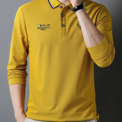 New Men's Long-sleeved Cotton Polo Shirt Fashion Embroidery Casual Bottom Pullover Shirts Tops Men's Clothing