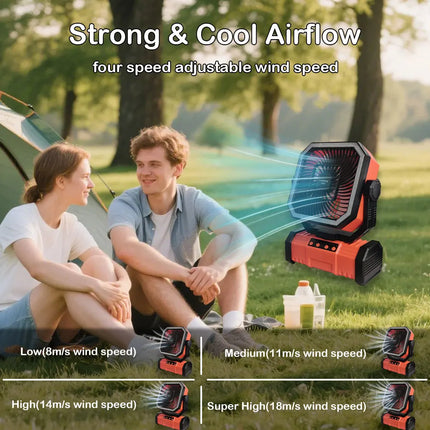 20000 mAh wireless battery-powered camping fan with LED light and remote control, 4 speeds, timer function, USB interface