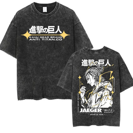 Anime Attack on Titan Vintage Washed Print T-shirt Mikasa Ackerman Eren Jaeger Wings of Freedom Logo Men's Summer Cotton T-shirts