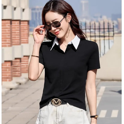 Korean striped short sleeved T-shirt for women's summer new high-end cotton patchwork lapel shirt, polo shirt, casual top