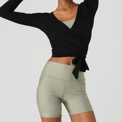 Women's Sexy Cross-Tie Front Yoga Shirt Long Sleeve Solid Color Slim Fit Top for Gym Running Layered Streetwear Looks
