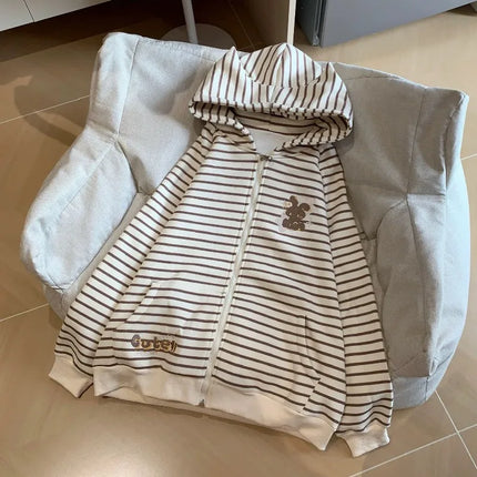 Spring New Vintage Stripe Hoodies Cute Girl Y2K Zip Up Hoodie Coat Versatile Retro Age Reducing Sweatshirt Kawaii Clothes Korean