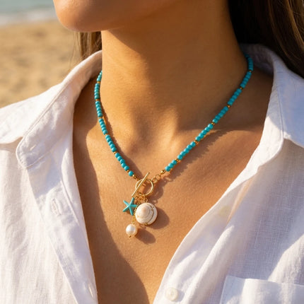 Beach Style Colorful Ceramic Fish Starfish Choker Necklace For Women Ocean Series Scallops Beaded Necklaces Vacation Jewelry