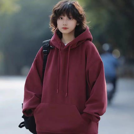 Retro Japanese Style Heavyweight Solid Color Hoodie Unisex Autumn Winter Casual Loose Warm Couple Inner Wear Top Coat