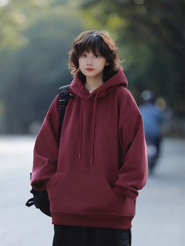 Retro Japanese Style Heavyweight Solid Color Hoodie Unisex Autumn Winter Casual Loose Warm Couple Inner Wear Top Coat
