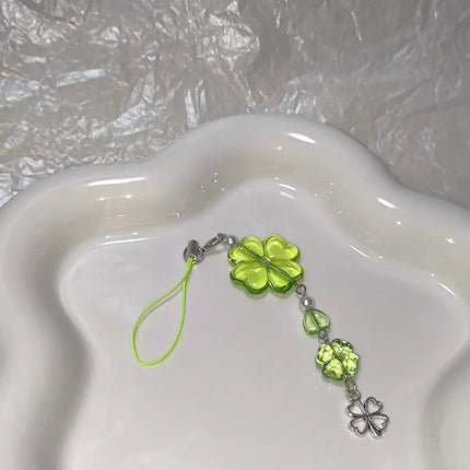 Y2K Lucky Four Leaves Clover Heart Key Ring Green Leaf Star Key Chain Cases for Phone Camera Korean Cute Beaded Couple Keychain