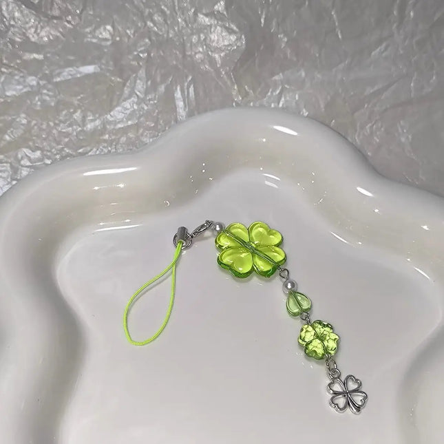 Y2K Lucky Four Leaves Clover Heart Key Ring Green Leaf Star Key Chain Cases for Phone Camera Korean Cute Beaded Couple Keychain