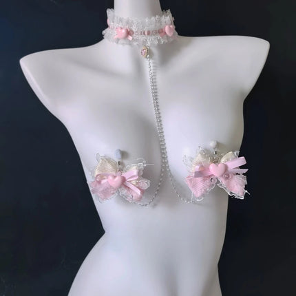 Pink Bow Heart Collar Sexy Nipple Clamps Sweet Style Accessories for Female BDSM Training Fetish Breast Binding Adult Sex Toys