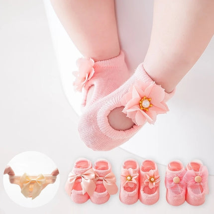 3 Pair Baby Girl Ankle Socks Lace Bow Infant Anti Slip Socks Newborn Princess Pearl Low Cut Socks Children Home Floor Shoes
