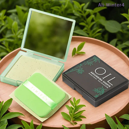 {Winter4} 100 Sheets/Box Oil-Absorbing Paper With Mirror & Puff Portable Oil-Holding Bamboo Charcoal Paper For Makeup