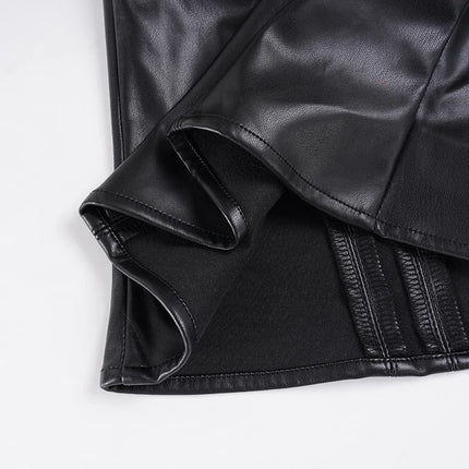 SUCHCUTE Retro Punk PU Leather Vest With Sleeve Cover Women Gothic Black Sleeveless Turtleneck Top Y2K Metal Decorative Clothing